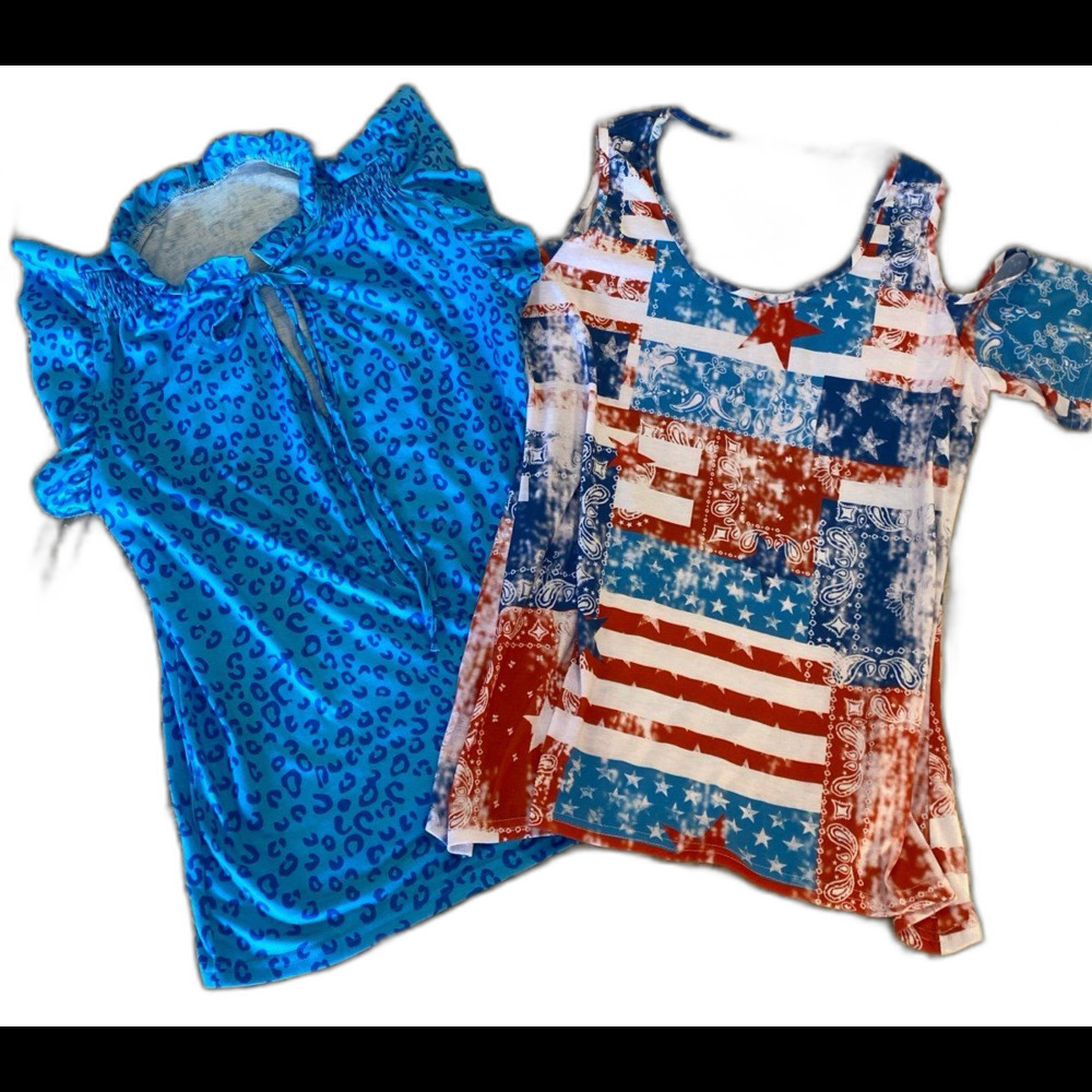 Bundle‎ 2 Blouses Womens Sz Medium Blue Cheetah Print T Shirt Red White Blue Top